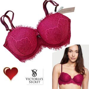 Victoria's Secret DREAM ANGELS Sexy Lined Demi Bra Red Lace Velvet Straps 34DD